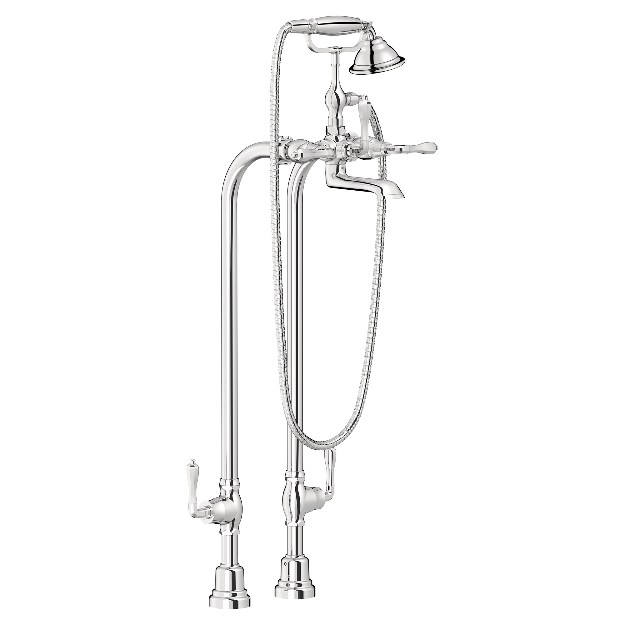 Traditional Floor Mount Bathtub Filler with Hand Shower and Ashbee Lever Handles